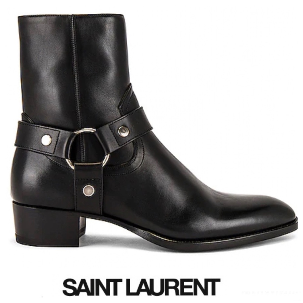 140 SAINT LAURENT Wyatt 40 Harness Black Leather Ankle Boots Sz 40 / 9 1/2